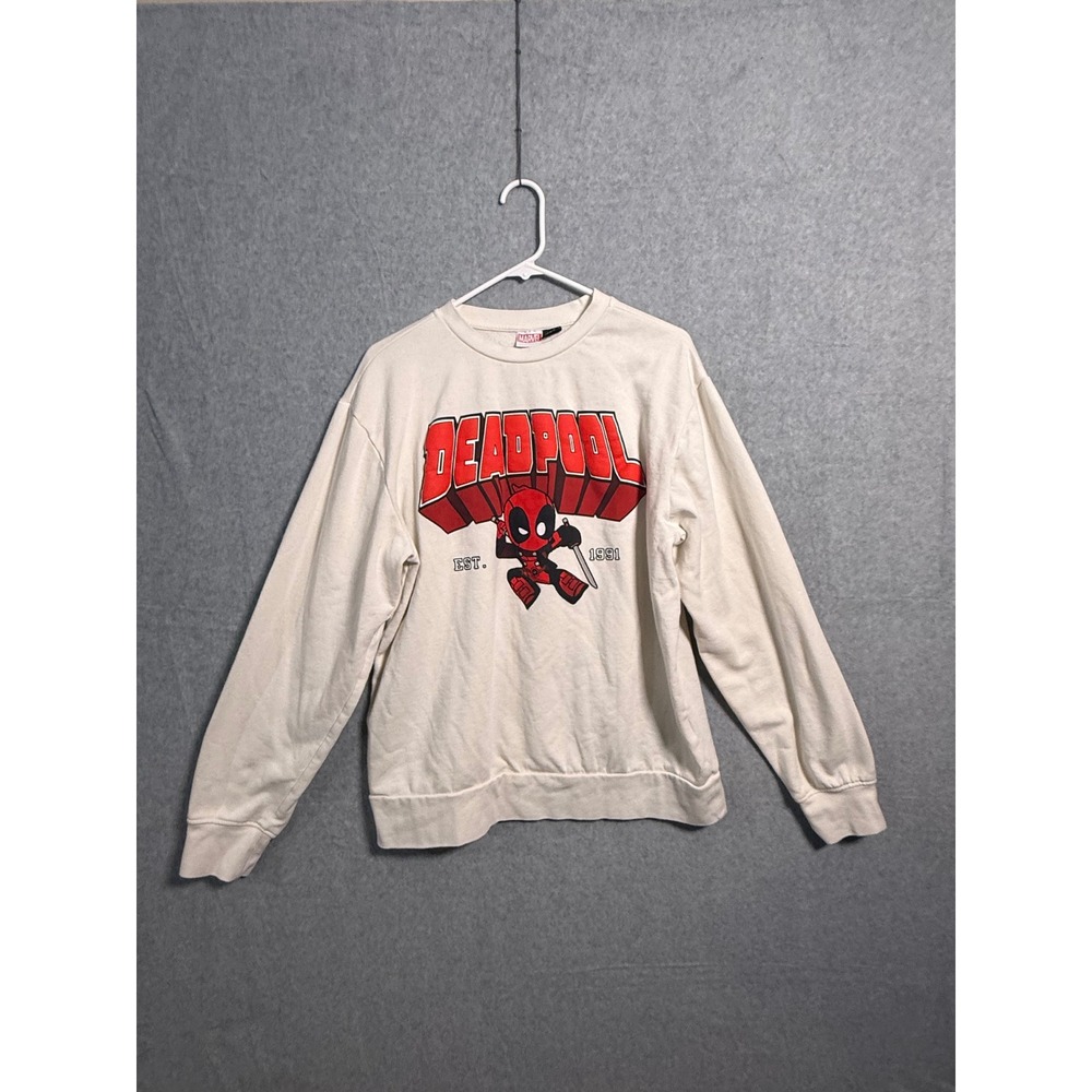 Marvel Deadpool Graphic Sweatshirt Cream Off-White Pullover Mens Large EST 1991